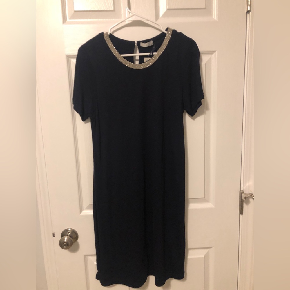 Dalia Navy short sleeve dress with silver neck line sparkle